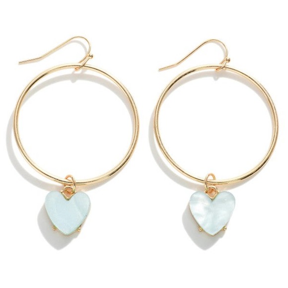 Light Blue Heart Charm Hoop Circle Dangle Drop Earrings - Picture 1 of 3